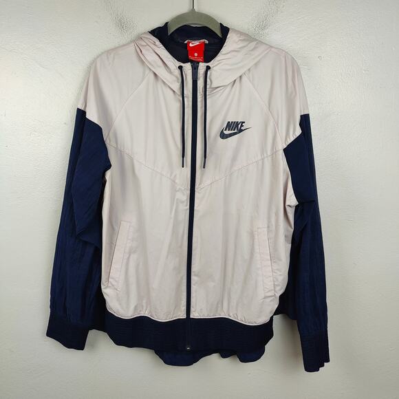 Nike Windrunner Jacket Mens‎ Medium Cream Navy Blue Hooded Full Zip Windbreaker - Picture 1 of 9